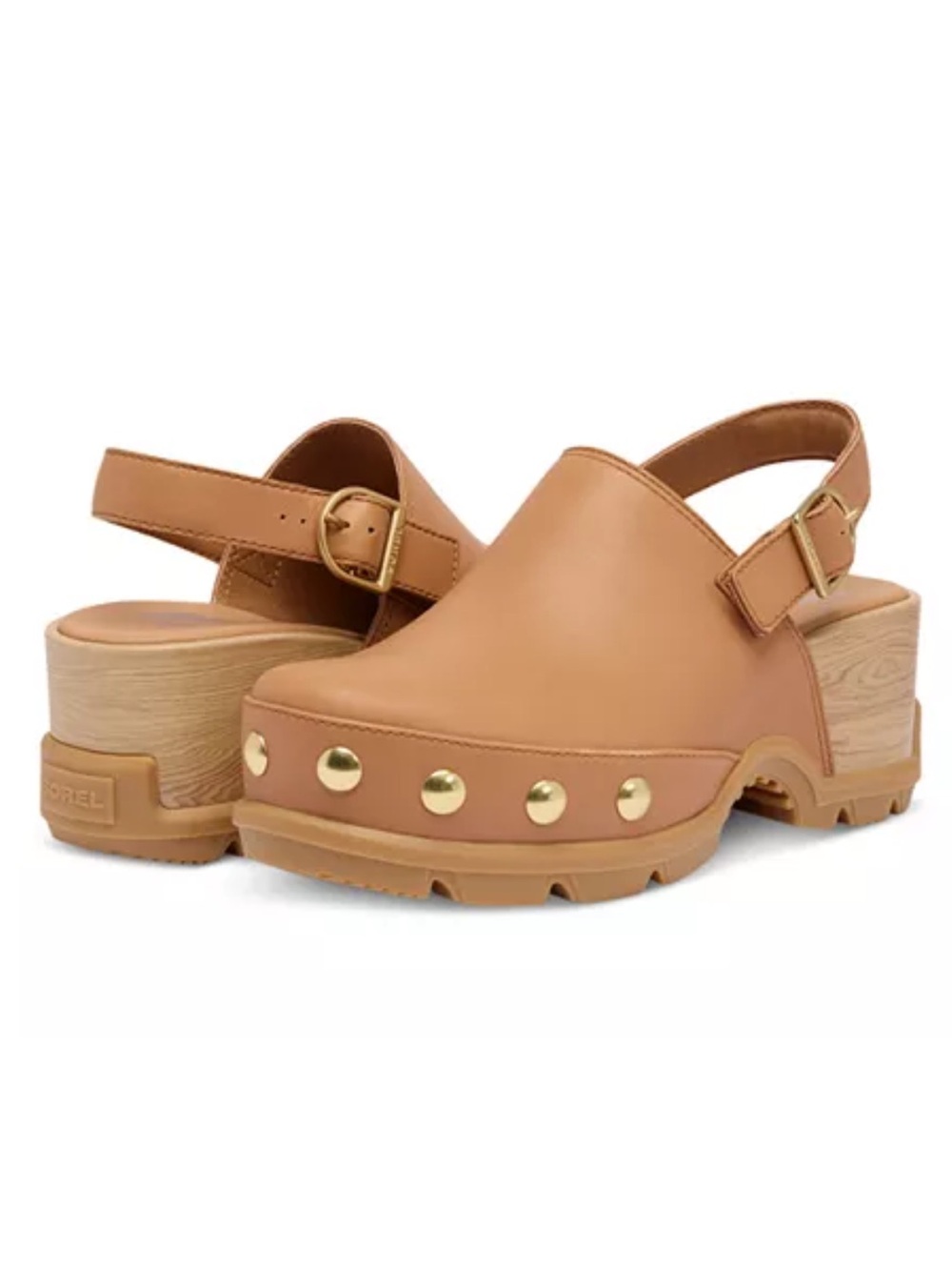 Sorel Tan Leather Slingback Platform Clogs with Gold Studs Size 7.5